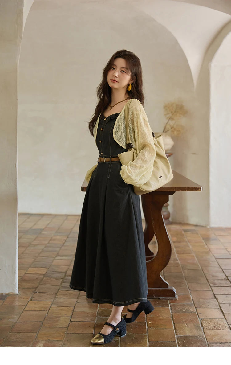 Mishow Lantern Sleeve Cardigan & Denim Strap Dress Set MXE41T0704
