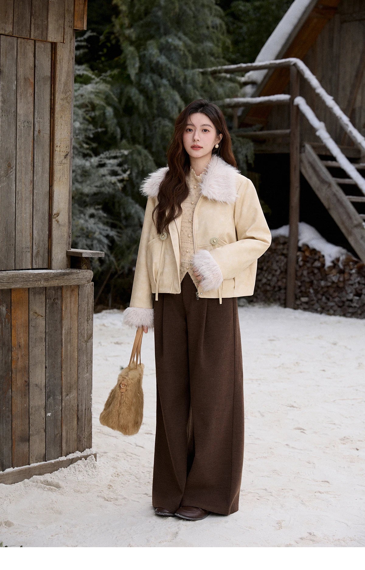 Mishow Apricot Suede Plush Collar Jacket MXE91W0987