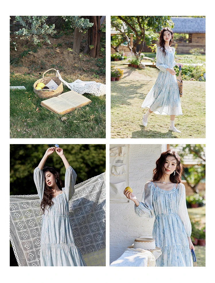 Mishow Blue Floral Chiffon Drawstring Lantern Sleeve Dress MXE16L2114