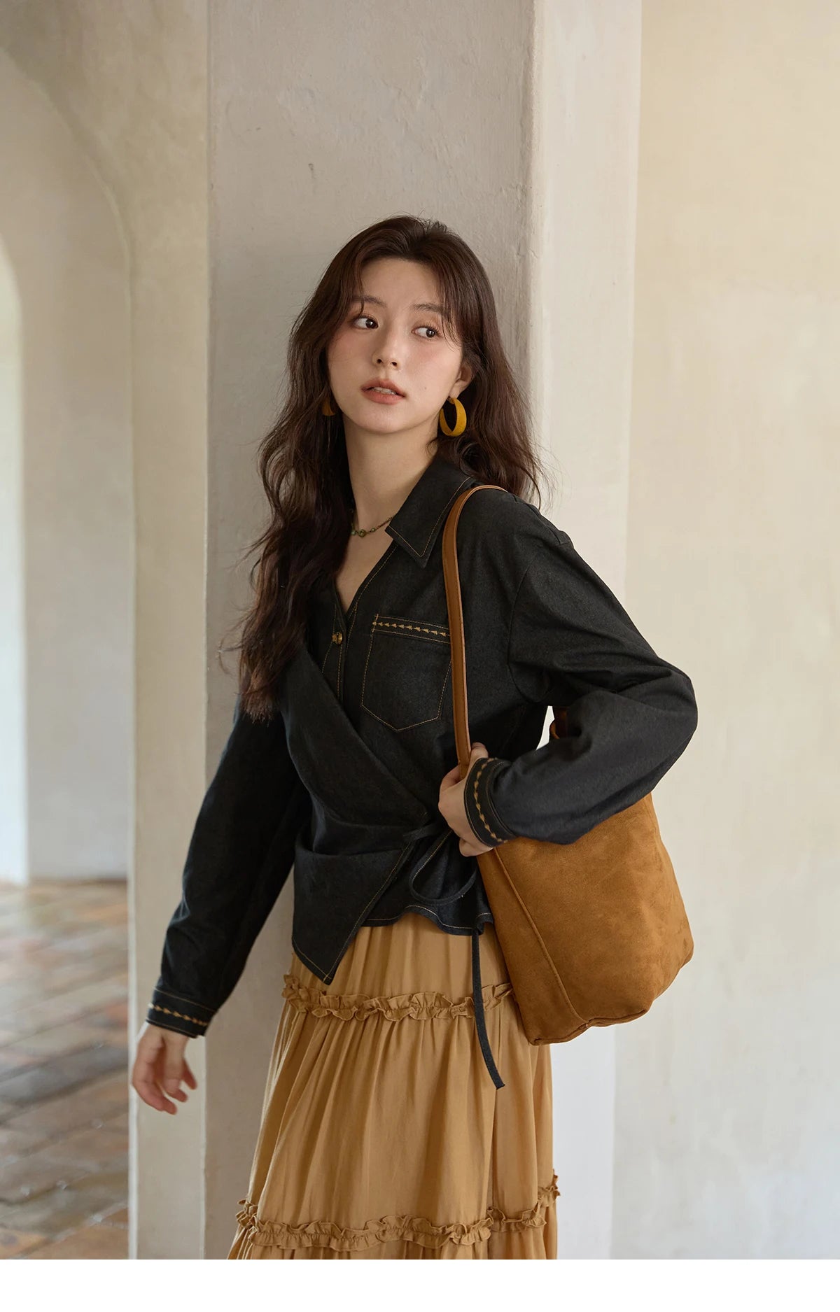 MISHOW Black Imitation Denim Shirt Side Lace-Up Lapel V-Neck MXE42C2374