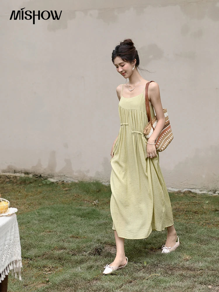 Mishow Irregular Pleated Olive Green Drawstring Dress MXD31L1928