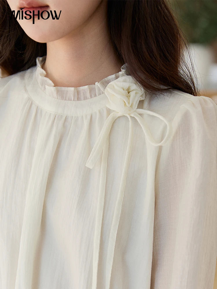 MISHOW Ruffled Stand Collar Blouse Drawstring Waist Puff Sleeve MXF11C2428