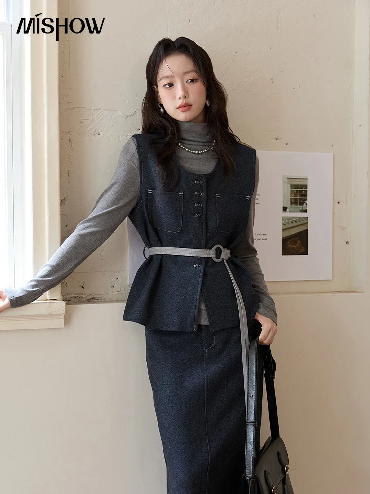 Mishow Blue Sleeveless Vest & Knit Top & Midi Skirt 3-Piece Set MXE49T1421