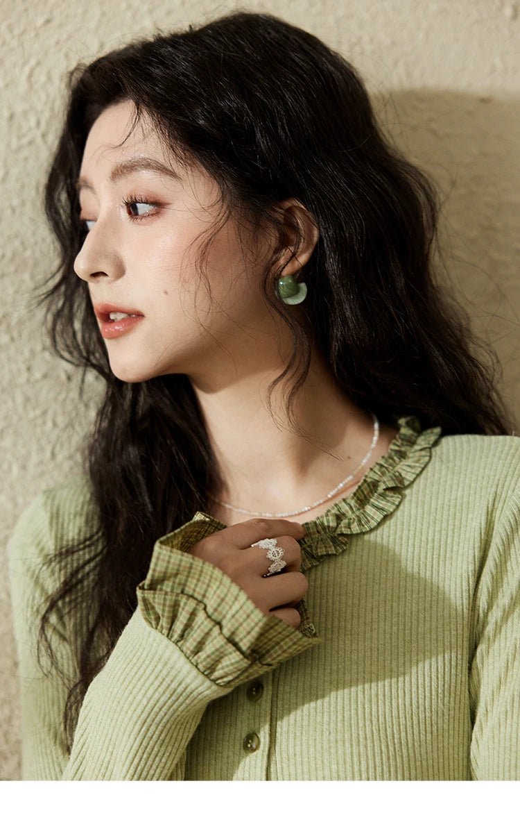 Mishow Green Plaid Lotus Leaf Sleeve Tee MXE14Z1152