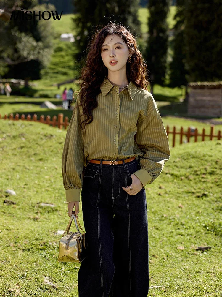 MISHOW Women's Striped Casual Shirt Retro Lapel Contrasting Cuffs MXD42C0301