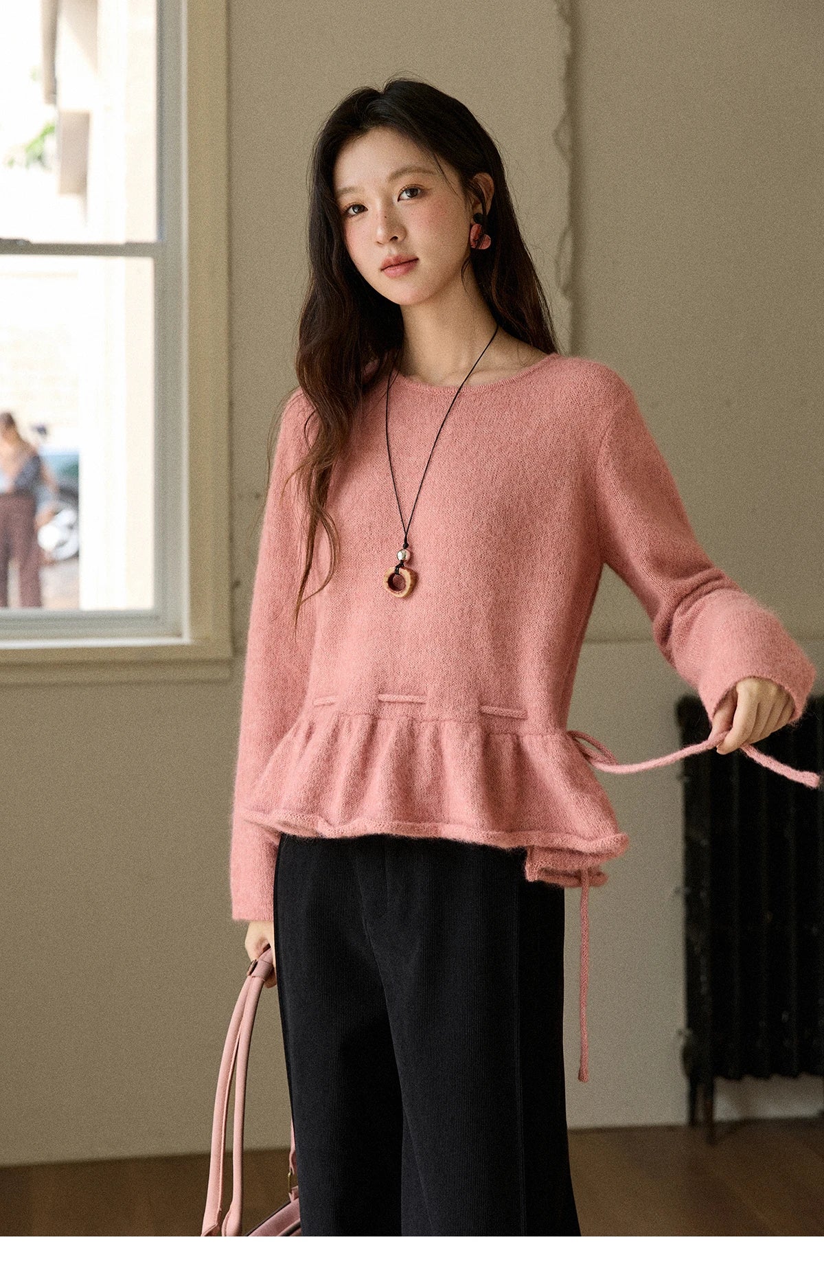Mishow French Pink Ruffled Hem Pullover with Drawstring Belt MXE90Z2824
