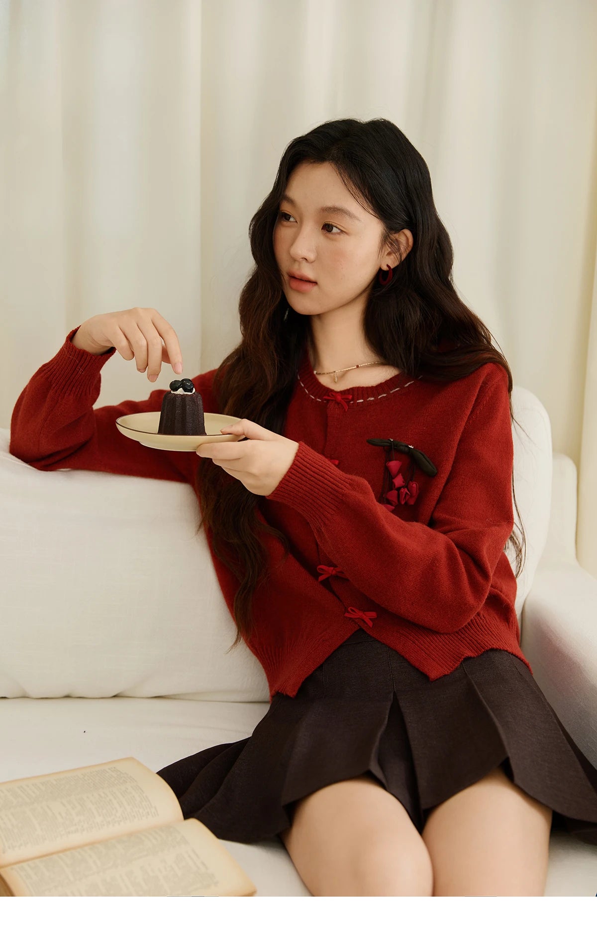 Mishow Bow Placket Lantern Sleeve Cardigan with Brooch MXE45Z1377