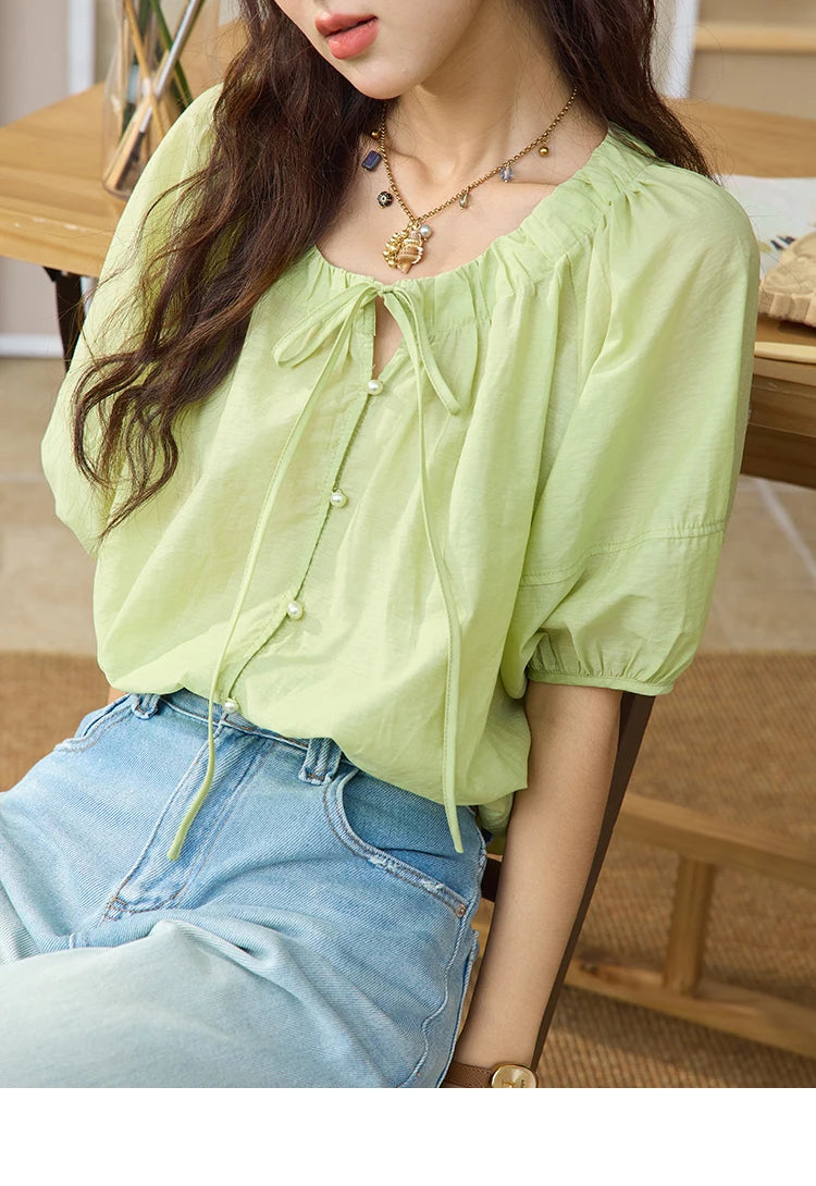 MISHOW Round Neck Blouse Lace Up Puff Sleeve MXE36X1875