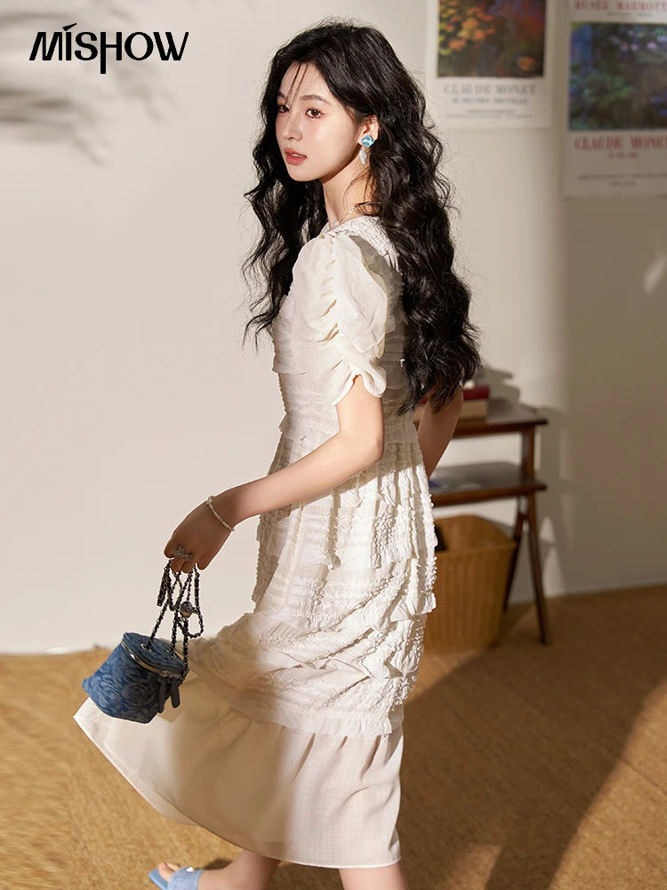 MISHOW French Lace Chiffon Midi Dress MXD21L1756