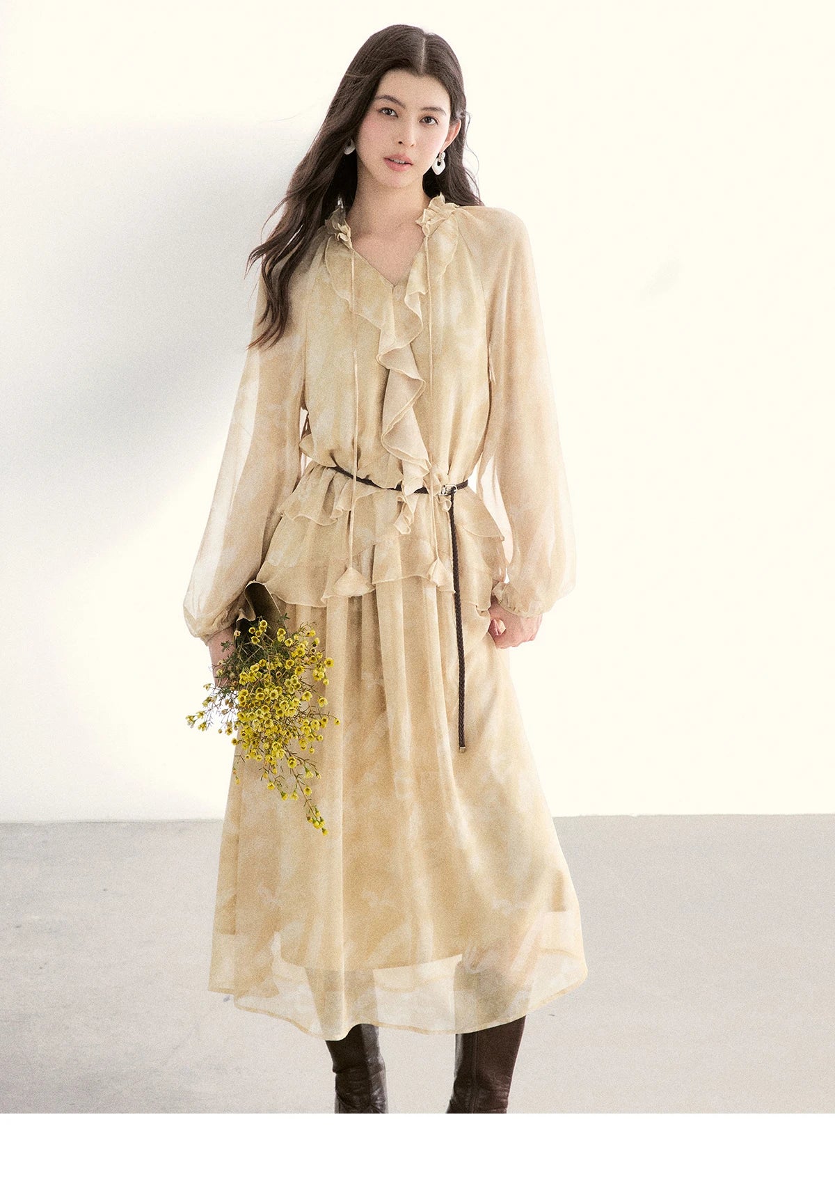 MISHOW Light Yellow Chiffon Maxi Dress V-Neck Ruffled Belted MXF11L2554