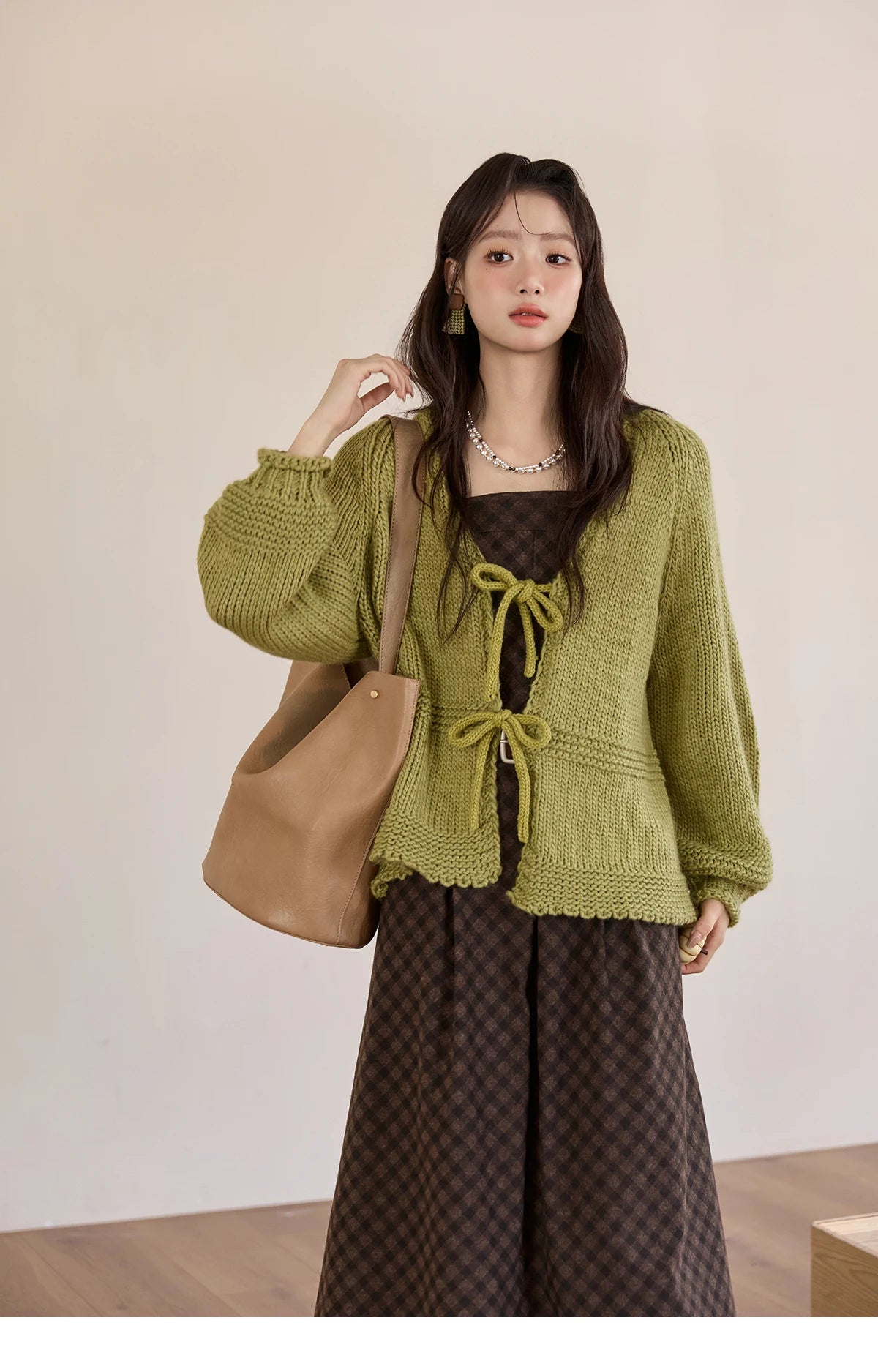 Mishow Avocado Green Lantern Sleeve Lace-Up Cardigan MXE51Z2694