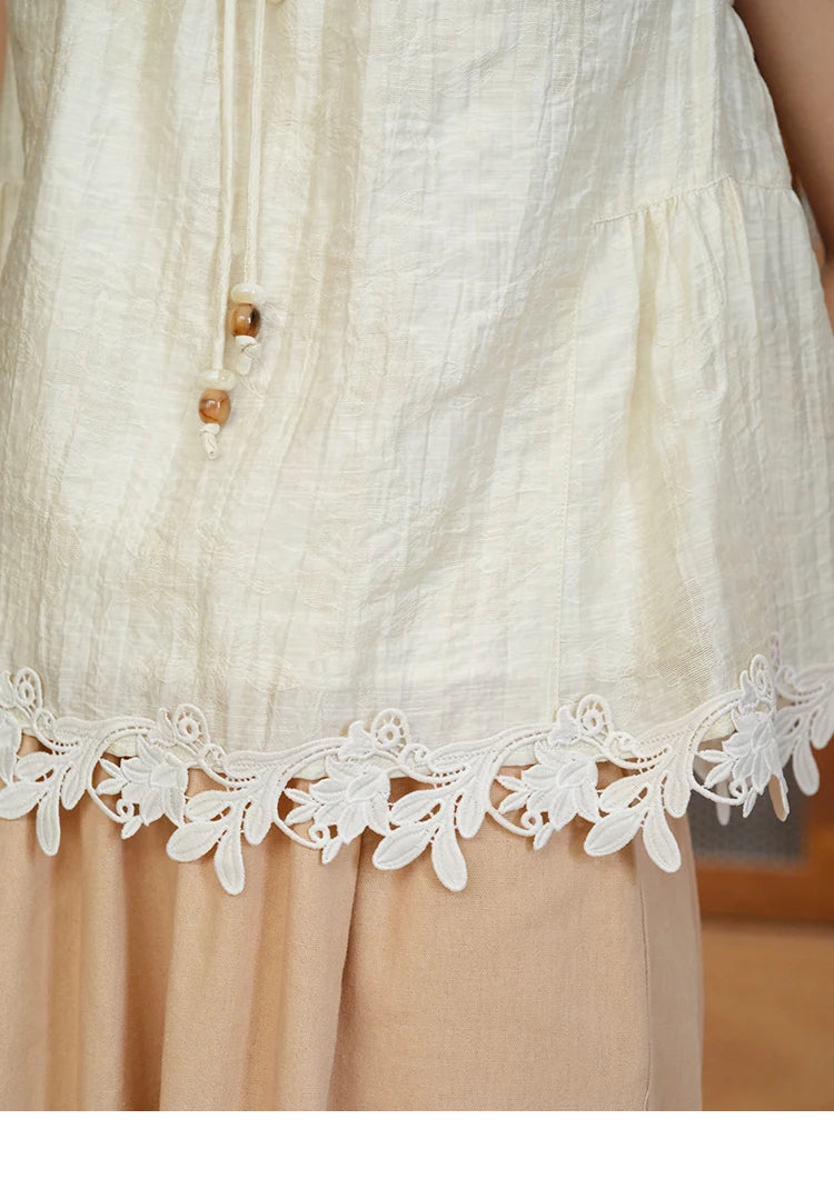 MISHOW French Round Neck Lace Up Blouse Embroidery Puff Sleeve MXE39X1956