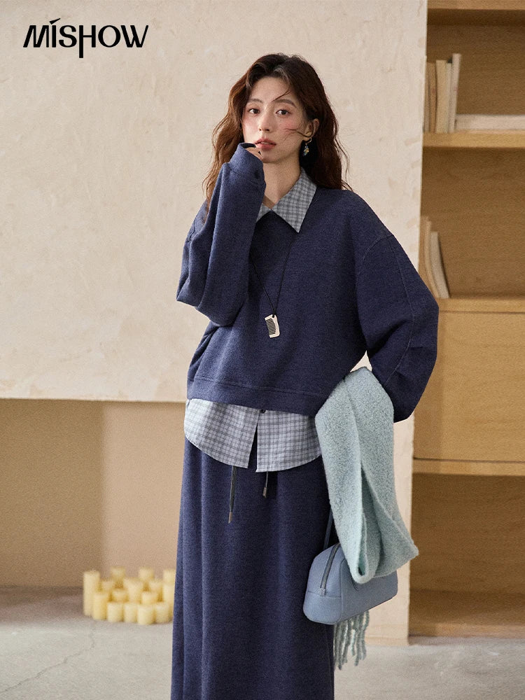 Mishow Blue Plaid Knit Top & Straight Skirt Set MXE87T1445