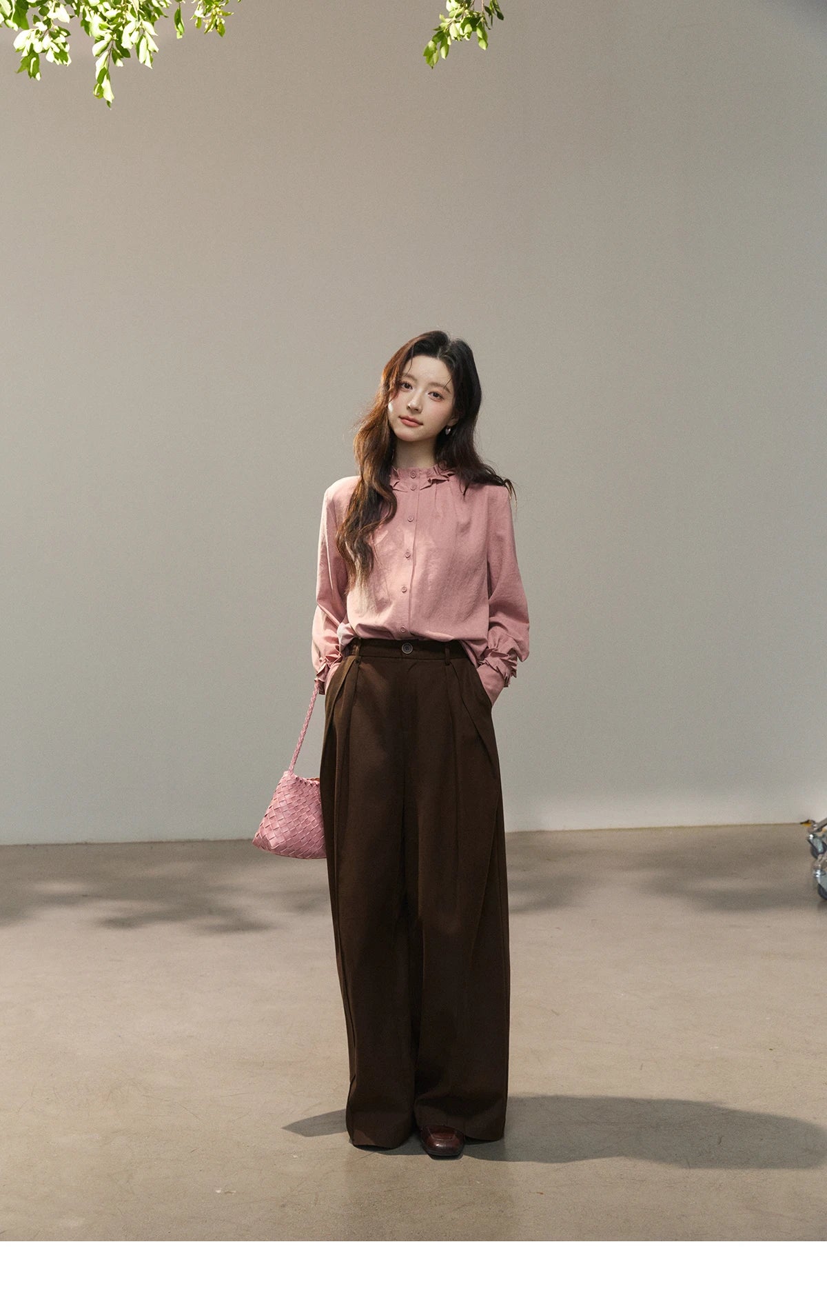 MISHOW Peach Skin Solid Shirt Ruffled Crew Neck MXF11C2431