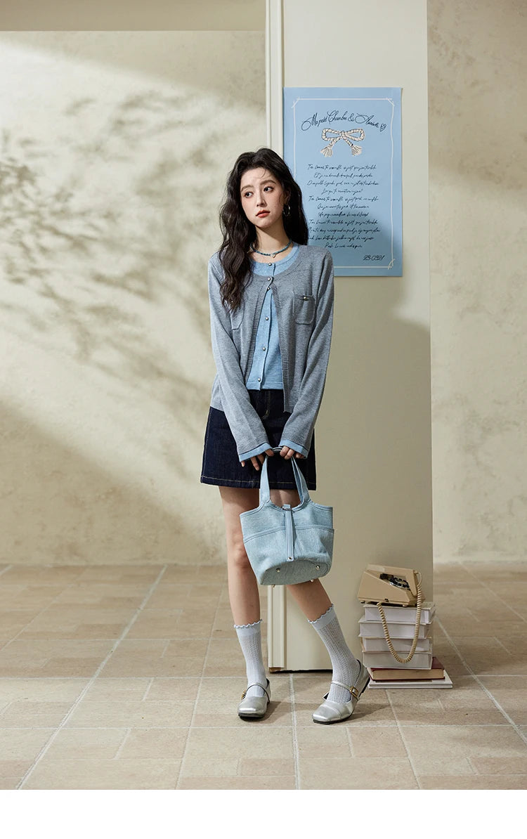 Mishow Fake Two-Piece Contrast Patch Pocket Cardigan MXE12Z1144