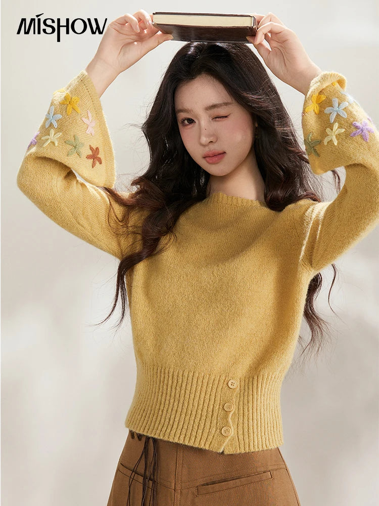 Mishow Yellow Floral Embroidered Boat Neck Flare Sleeve Top MXE94Z2864