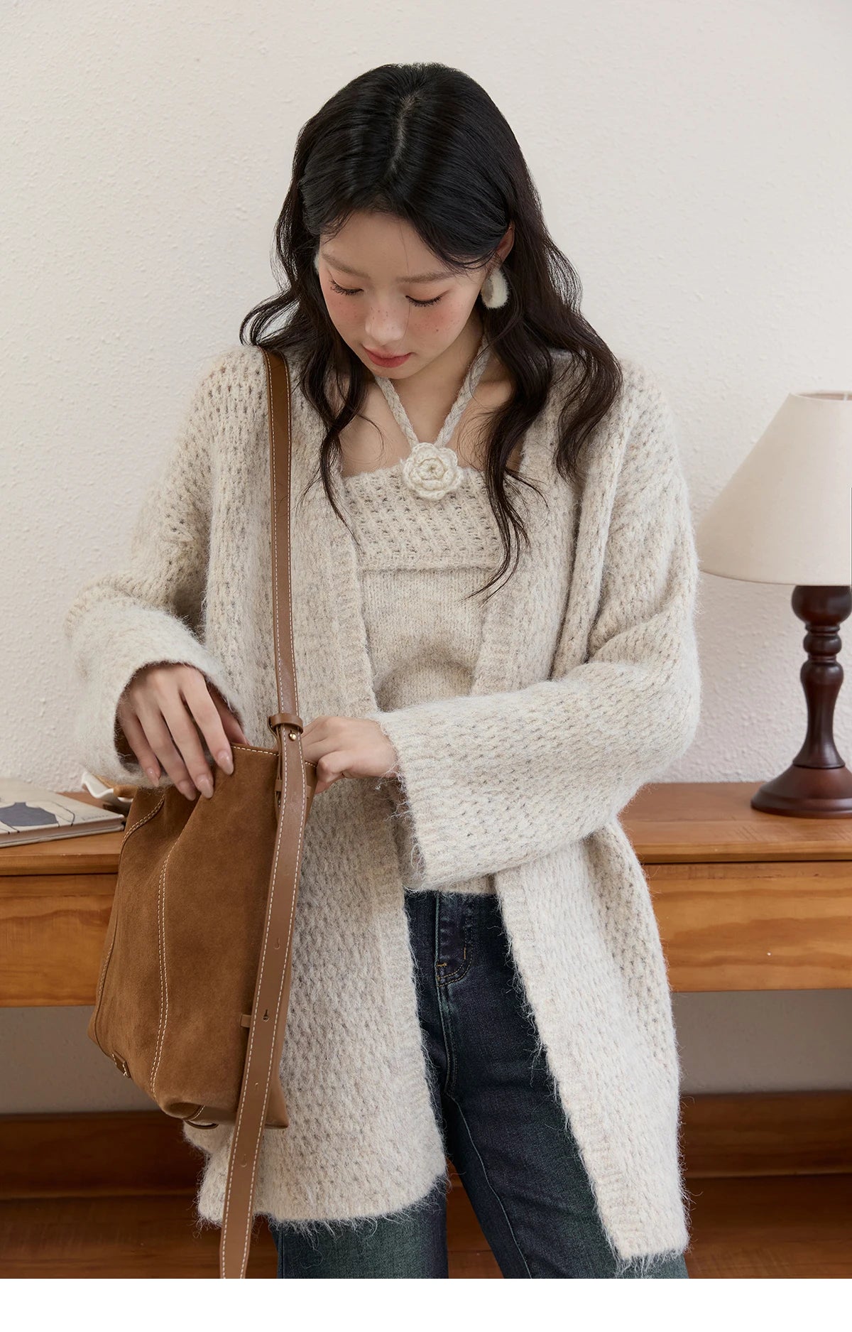 Mishow Apricot Knitted Halter & Cardigan Two-Piece Set MXE51T1424