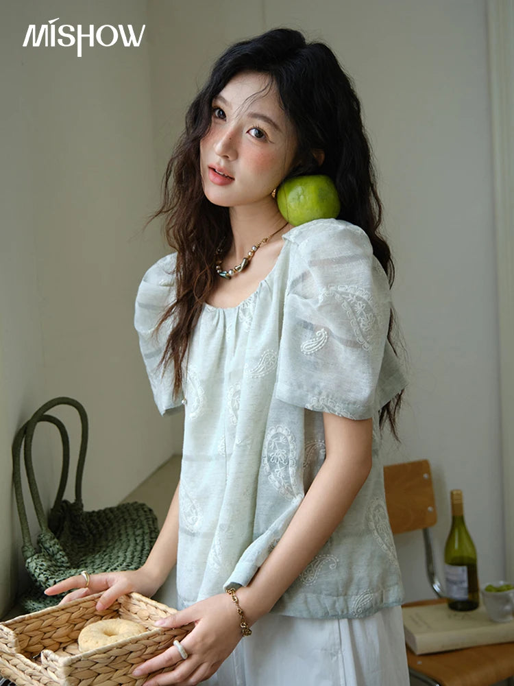MISHOW O-Neck Print Blouse Embroidery Puff Sleeve Loose MXE34X1807