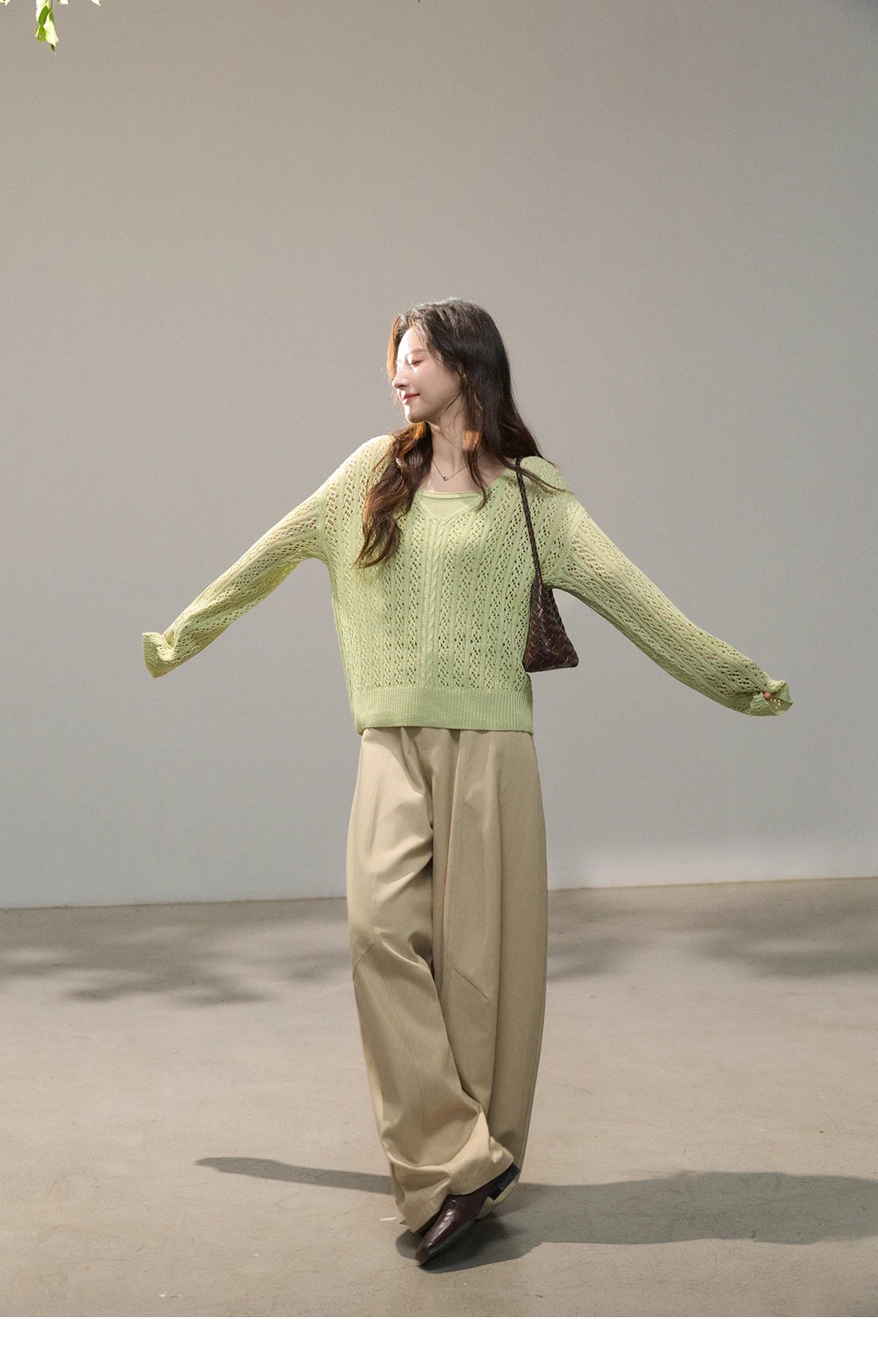 Mishow Green Hollow Cable Knit Top & Camisole Set MXF16T1524
