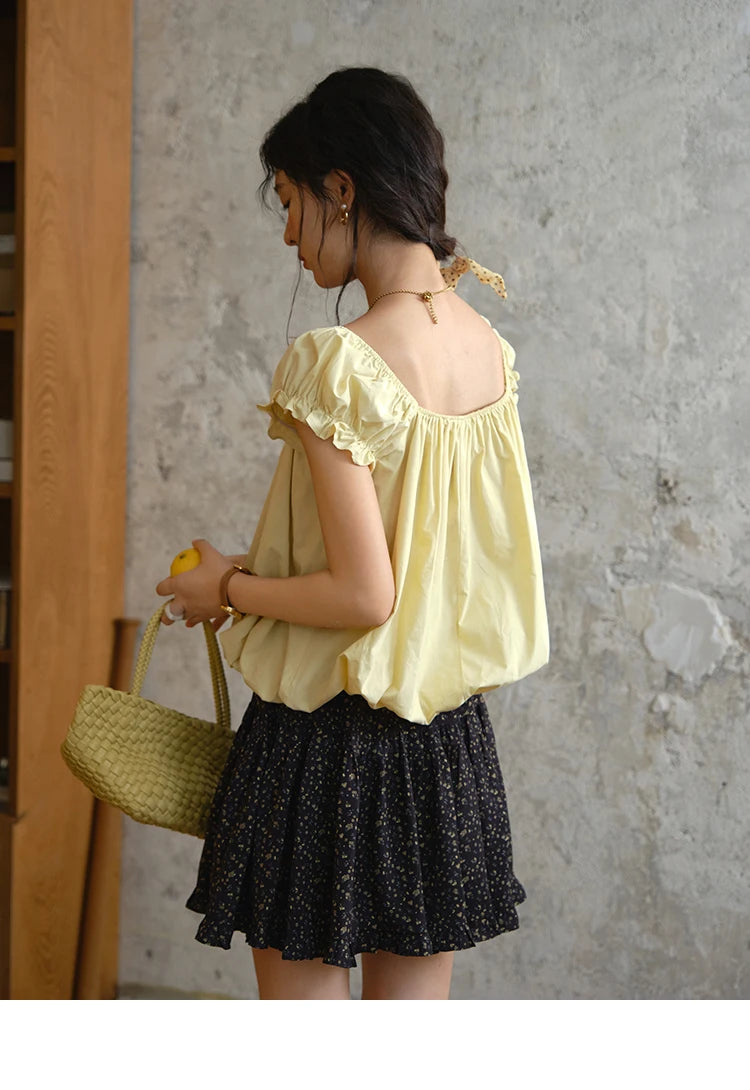 MISHOW Cotton Blouse Puff Sleeve Lace Up O-Neck MXE37X1893