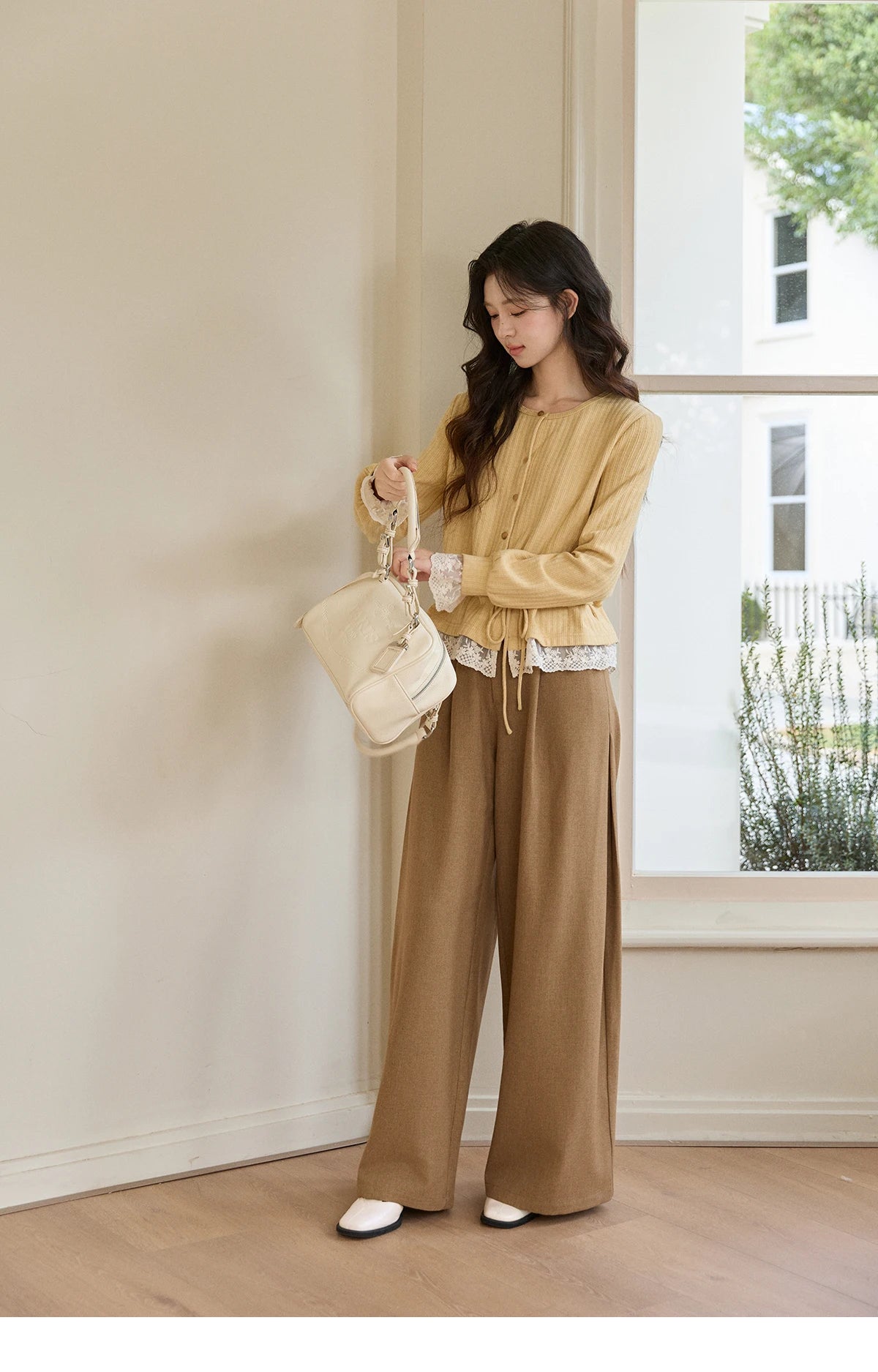 Mishow Yellow Ribbed Lace Trim Drawstring Cardigan MXF11Z2919