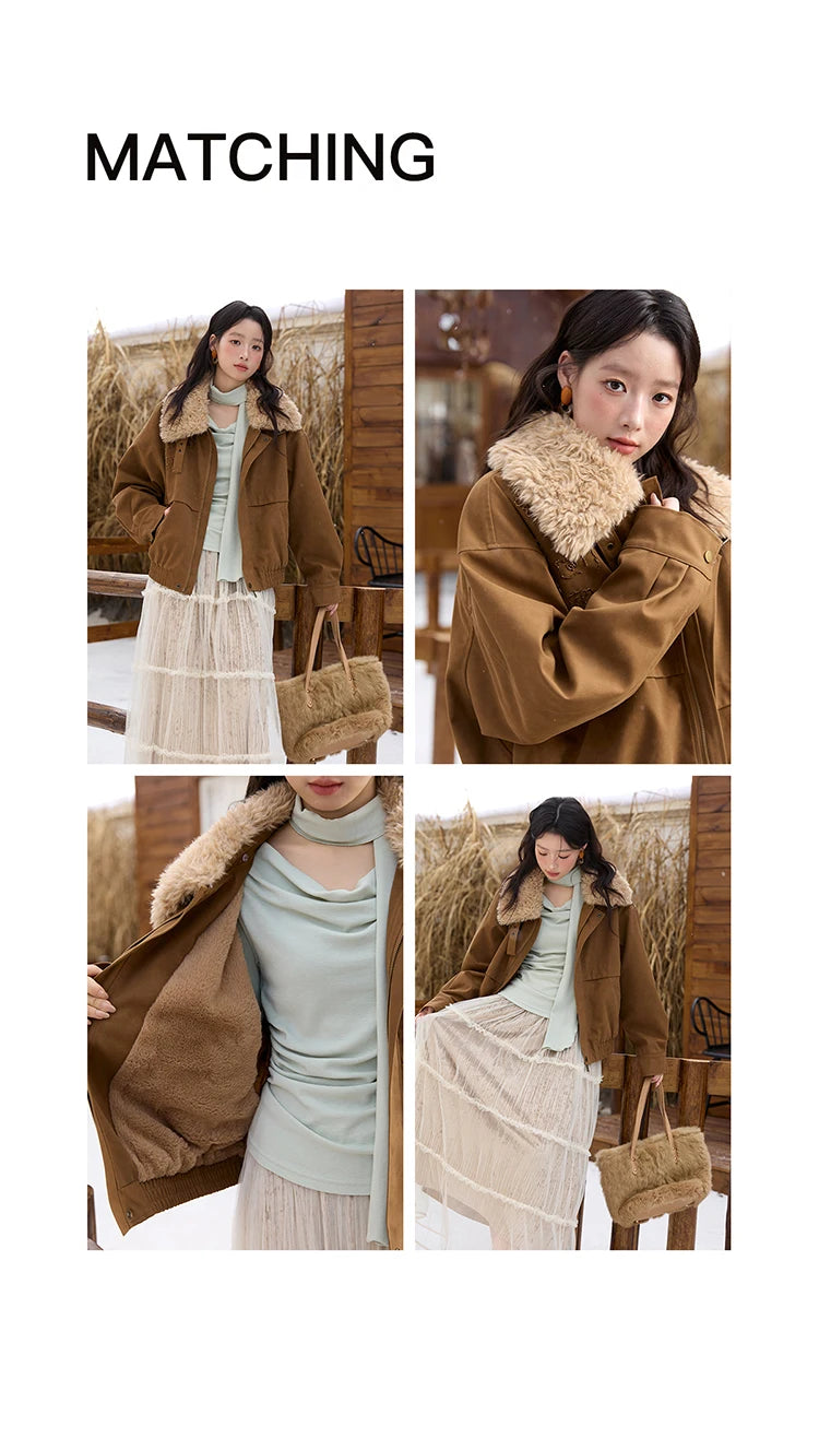 MISHOW Brown Suede Jacket Detachable Fur Collar Zipper MXE51W0876