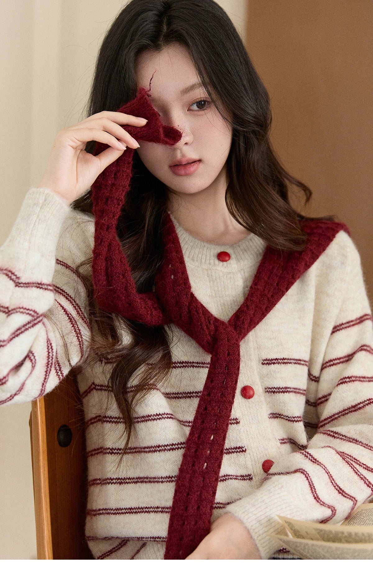 Mishow Beige Striped Red Scarf Button Cardigan MXE93Z2948
