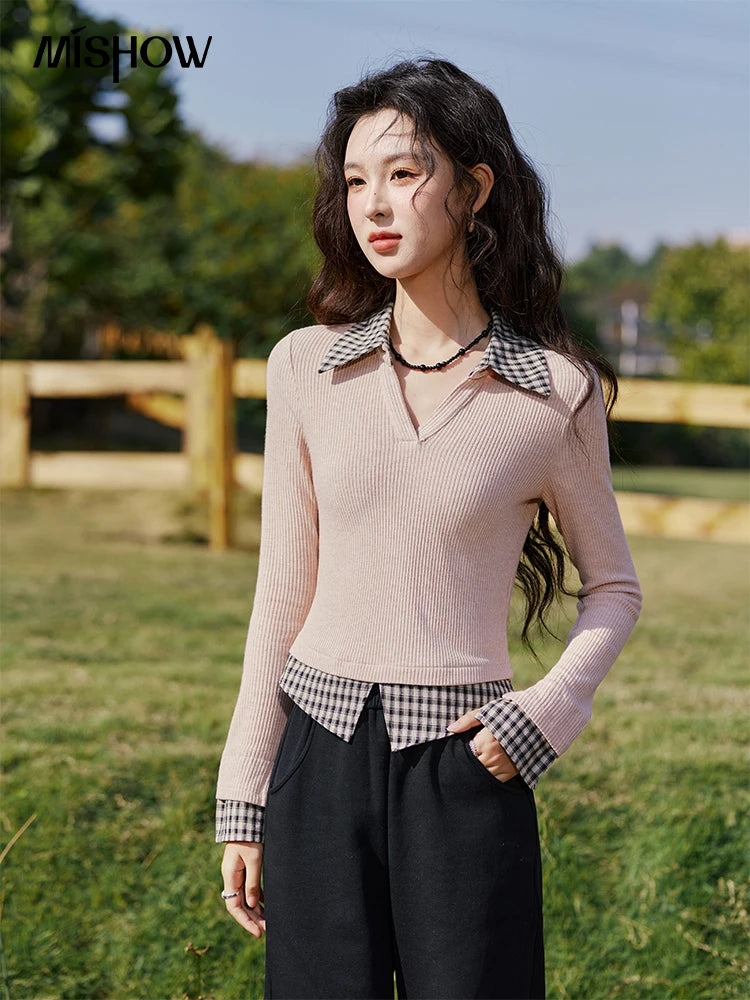 Mishow Plaid Splicing Fake Two-Piece Top MXE13Z1108
