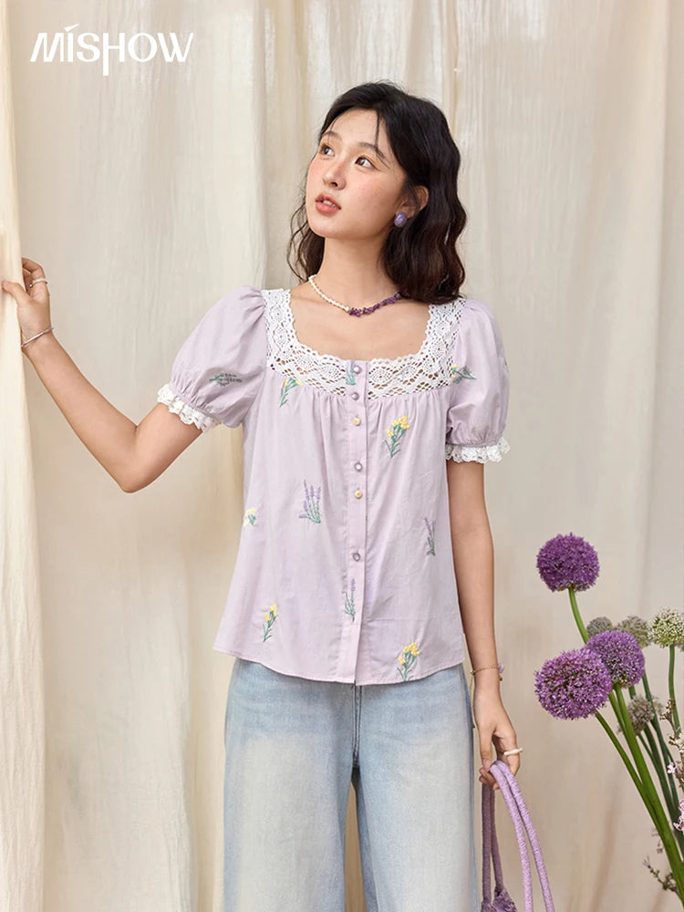 MISHOW Lace Patchwork Square Collar Blouse Puff Sleeve MXE36X1830