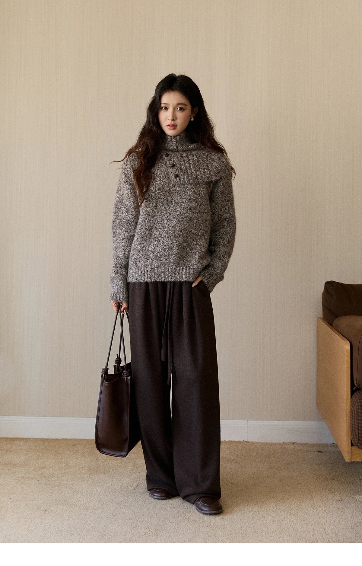 Mishow Gray Textured Button Sweater with Neckwear Scarf MXE94Z2978