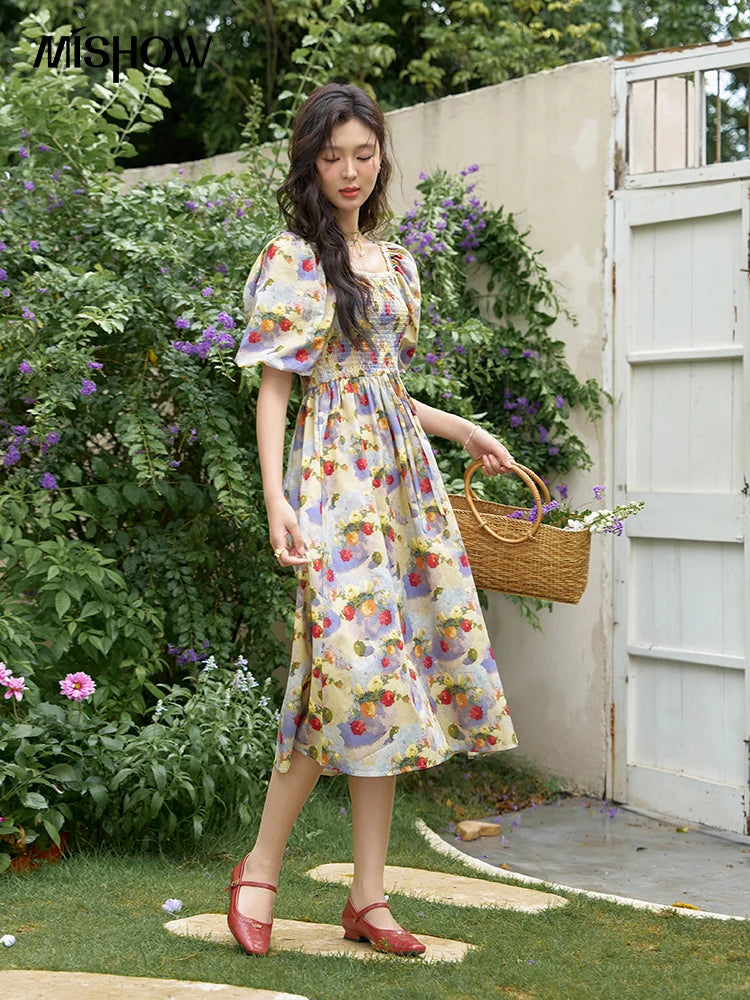 Mishow Floral Smocked Puff Sleeve Beach Dress MXD24L1905