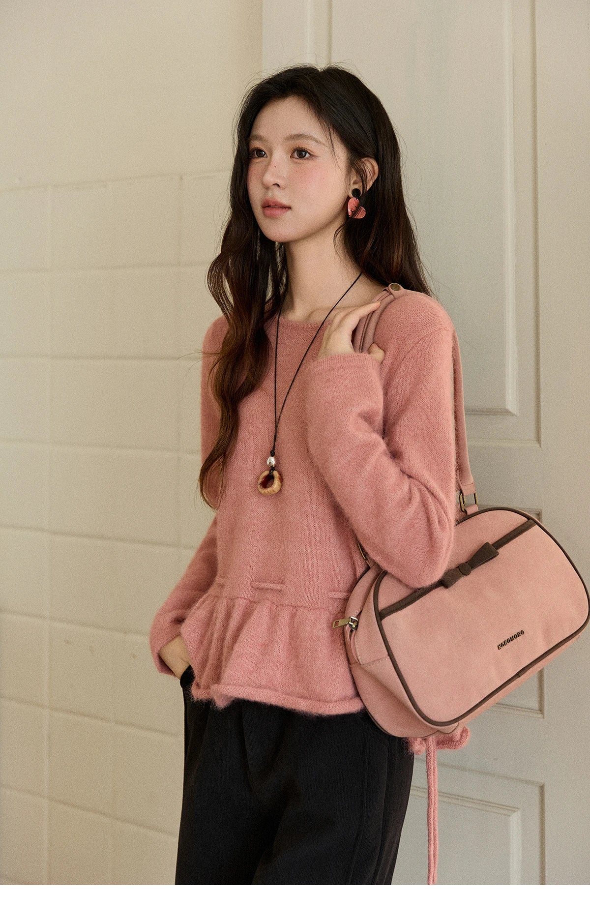 Mishow French Pink Ruffled Hem Pullover with Drawstring Belt MXE90Z2824