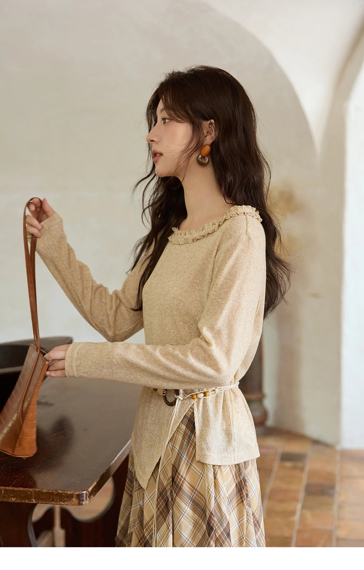 Mishow Apricot Ramie Knit Bohemian Belt Top MXE42Z1324