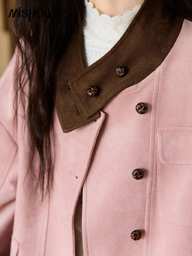 MISHOW Pink Coffee Suede Jacket Stand Collar Contrast Color MXE48W0851