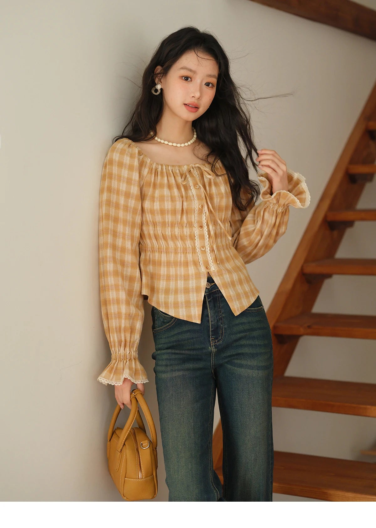 MISHOW Yellow Plaid Blouse Square Neck Puff Sleeve MXE43X1986