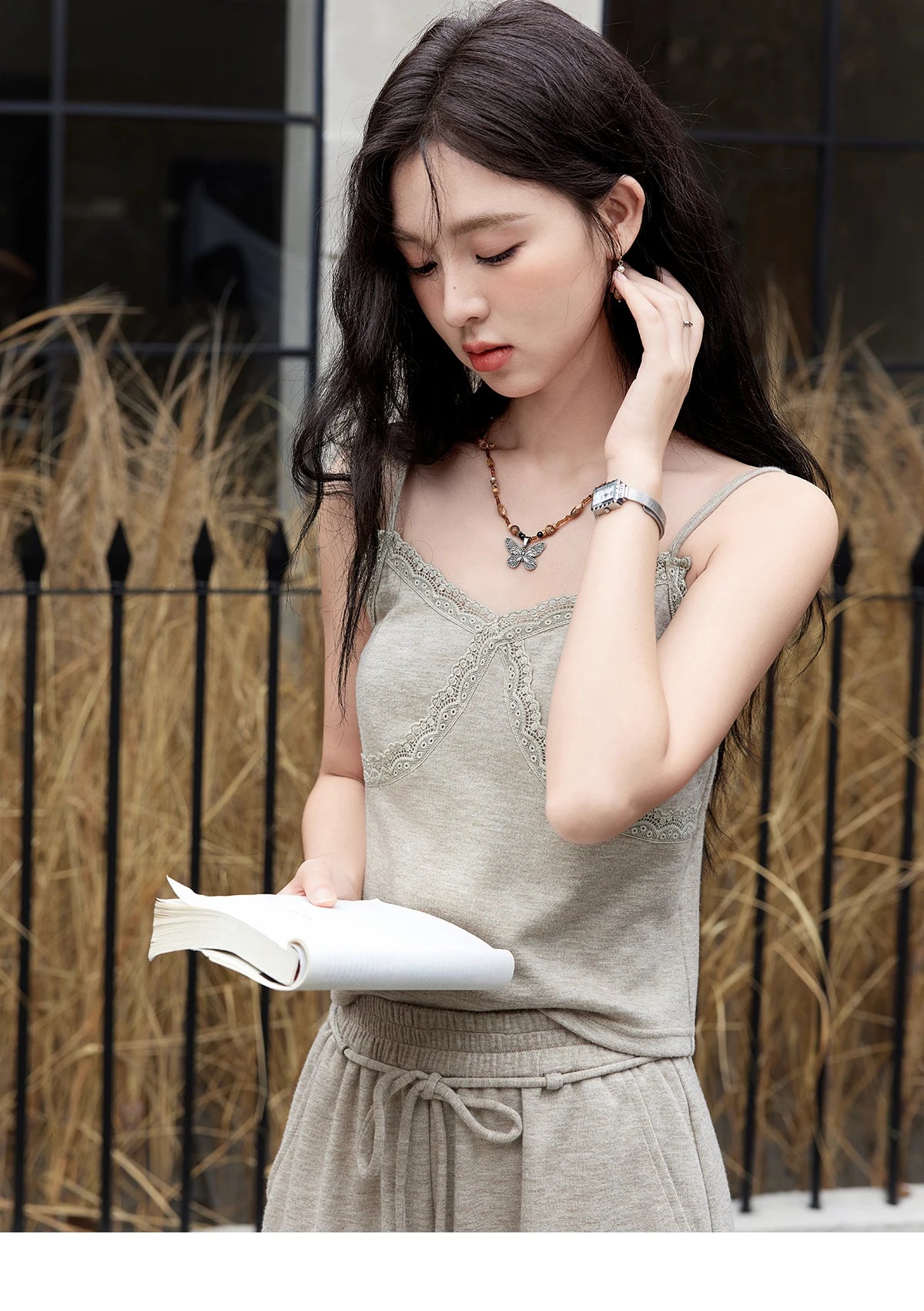 Mishow French Lace Splicing Camisole Cardigan & Straight Pants Set MXD47T0405
