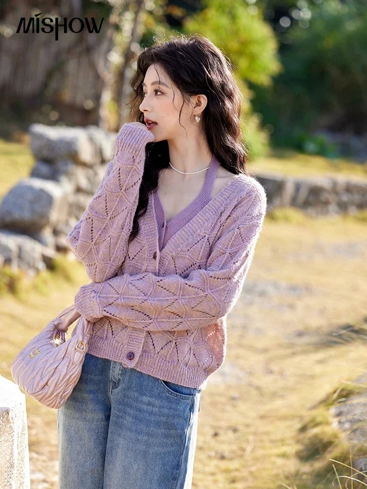 Mishow French Diamond Plaid V-Neck Hollow Cardigan MXE11Z1198
