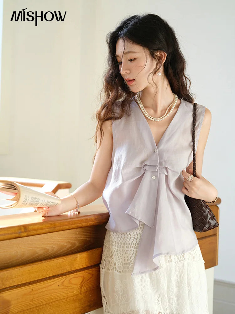 MISHOW Sleeveless V-Neck Blouse Button Detail MXE39X1960