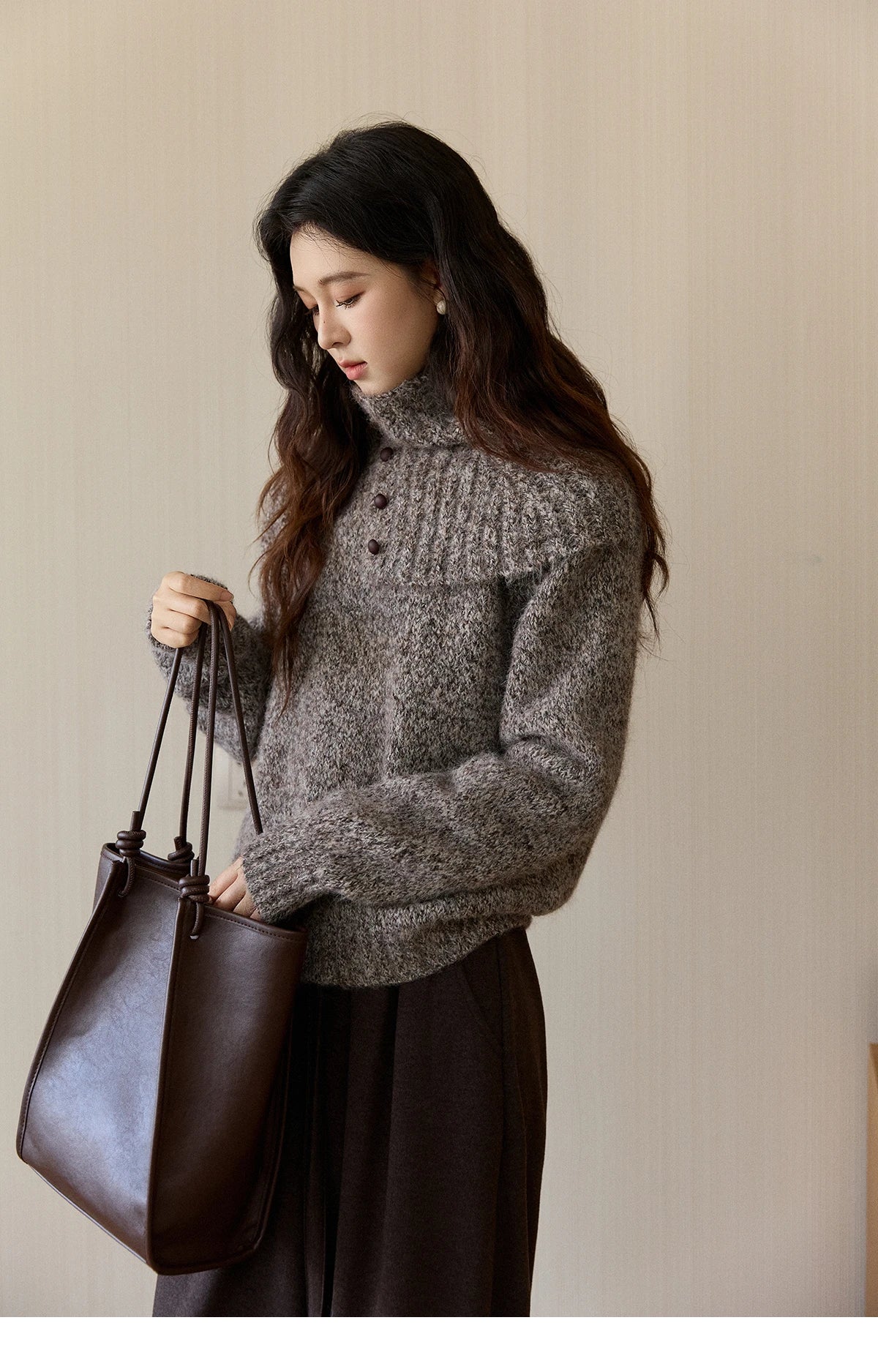 Mishow Gray Textured Button Sweater with Neckwear Scarf MXE94Z2978
