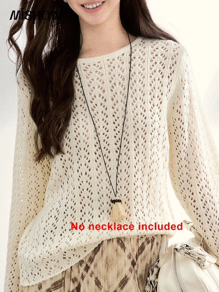 Mishow Beige Hollow Crew Neck Sweater MXF13Z3017