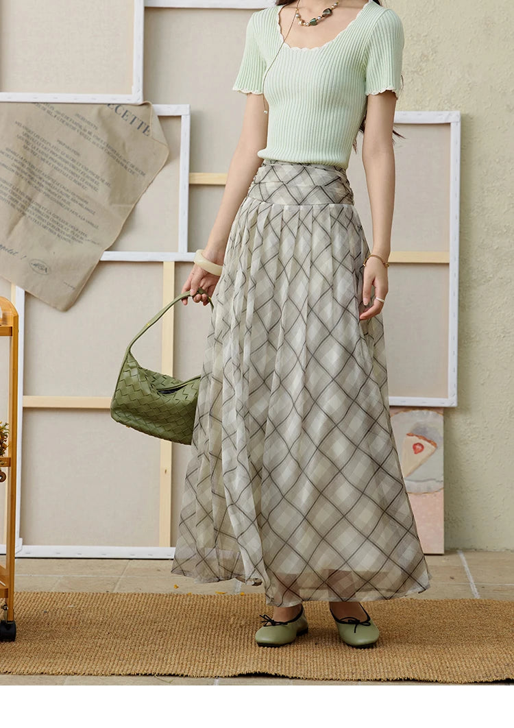 MISHOW Apricot Green Retro Plaid Skirt Pleated Chiffon High Waist A-Line MXE35B0747