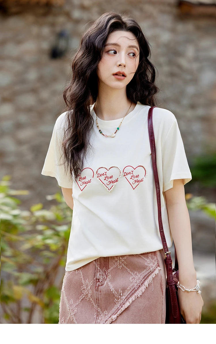 Mishow Apricot Heart Print Positive Shoulder Tee MXE11T0491