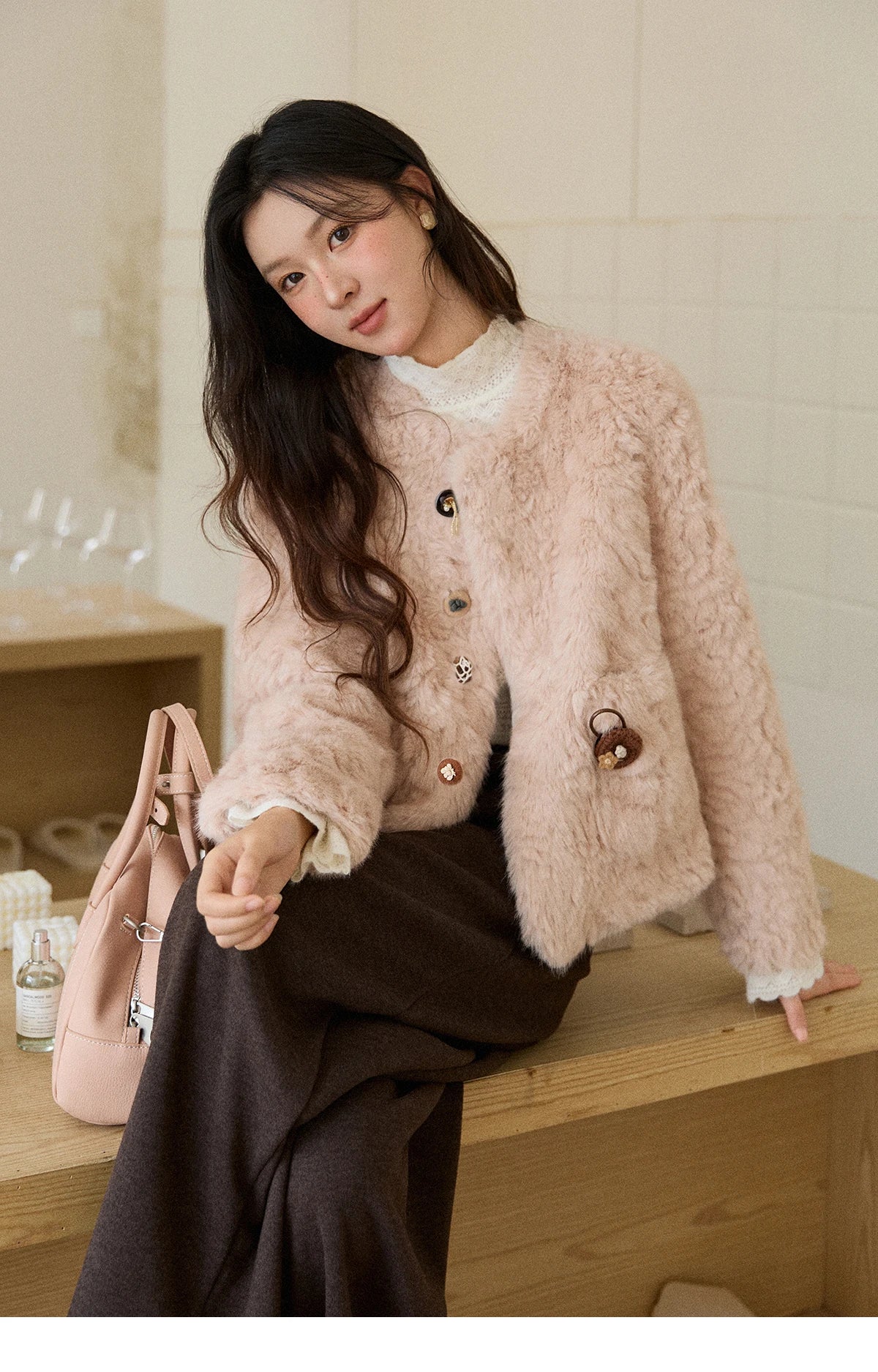 Mishow Sweet Pink Faux Rabbit Fur Coat MXE87W0990