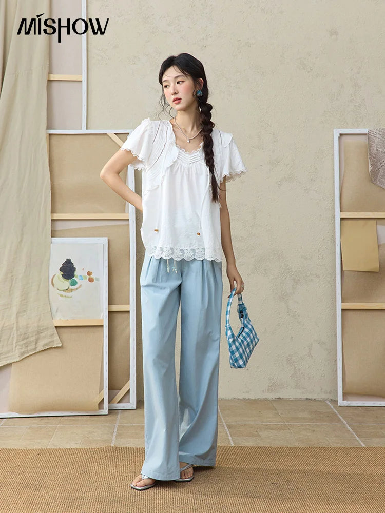 MISHOW White Lace Up Blouse Butterfly Sleeve Hollow Lace MXE34X1784