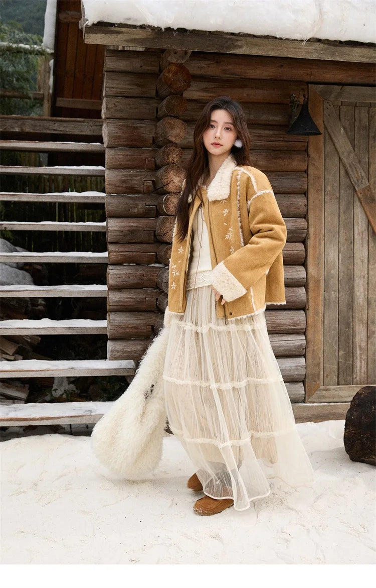 MISHOW Floral Embroidered Fur Jacket Plush Lapel Zipper MXE87W0918