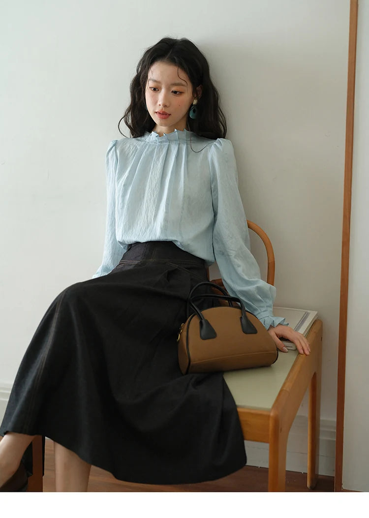 MISHOW Blue Jacquard Blouse Stand Collar Bubble Sleeves MXE41X1934