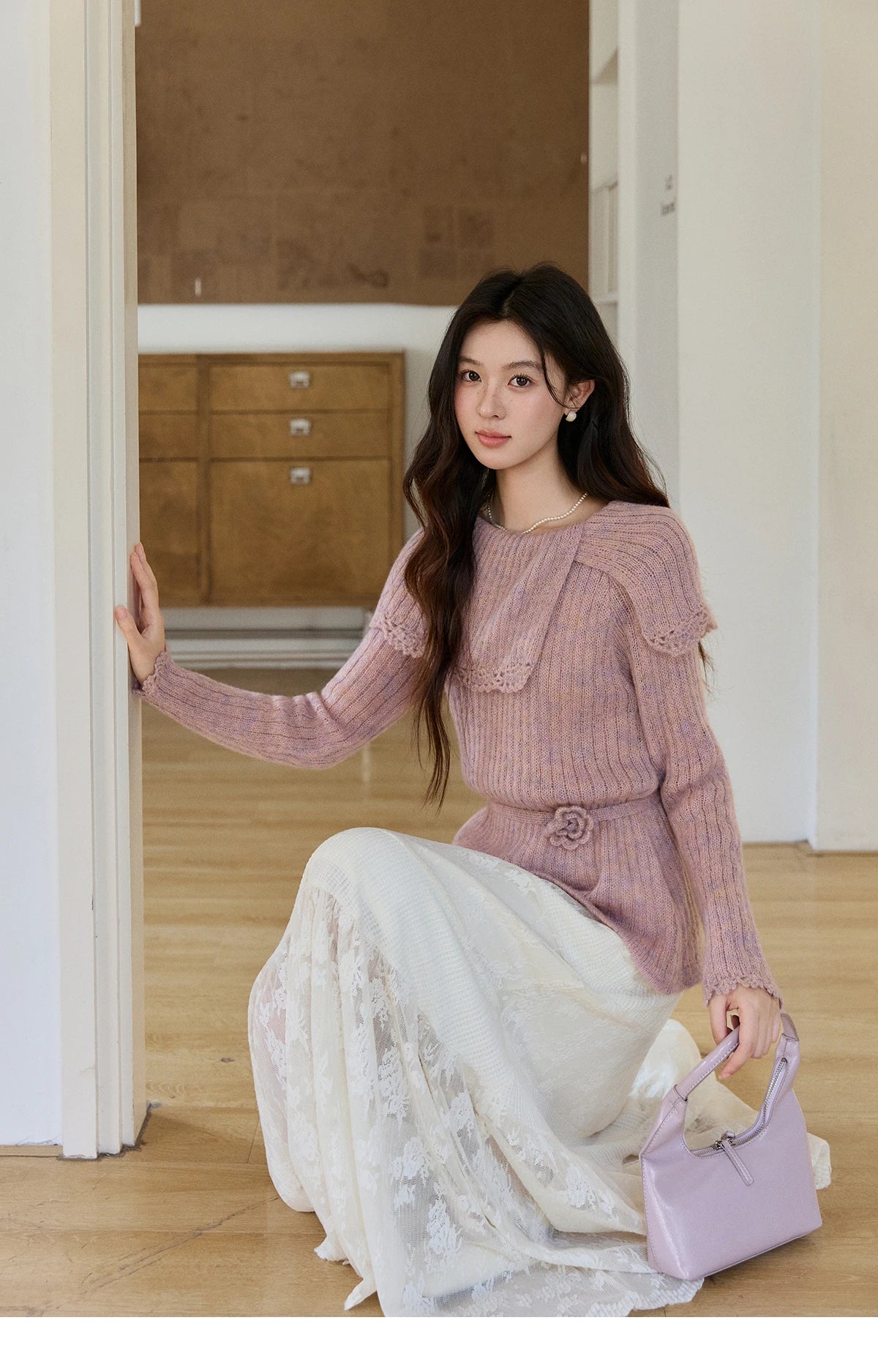 Mishow Pink Large Collar Lace Belted Pullover MXF11Z2901