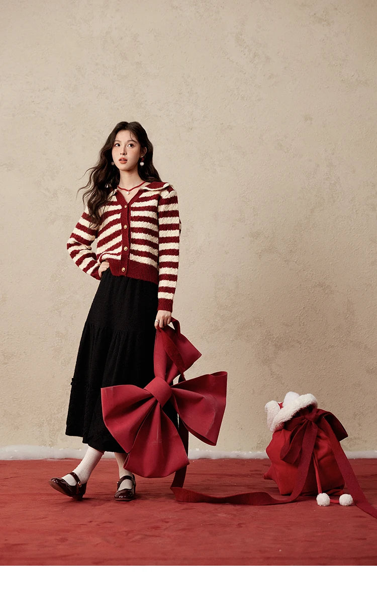 Mishow Christmas Red Striped Wool Blend Cropped Cardigan MXD58Z1038