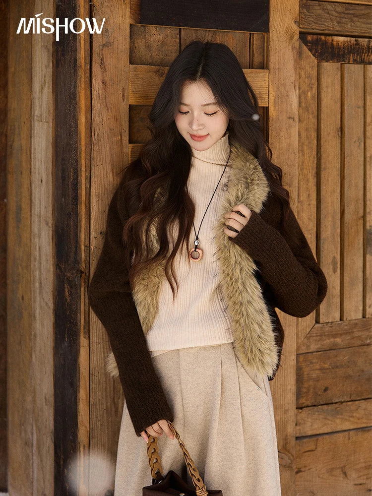 MISHOW Brown Knitted Cardigan Faux Fur Collar Batwing Sleeve MXE94Z2954