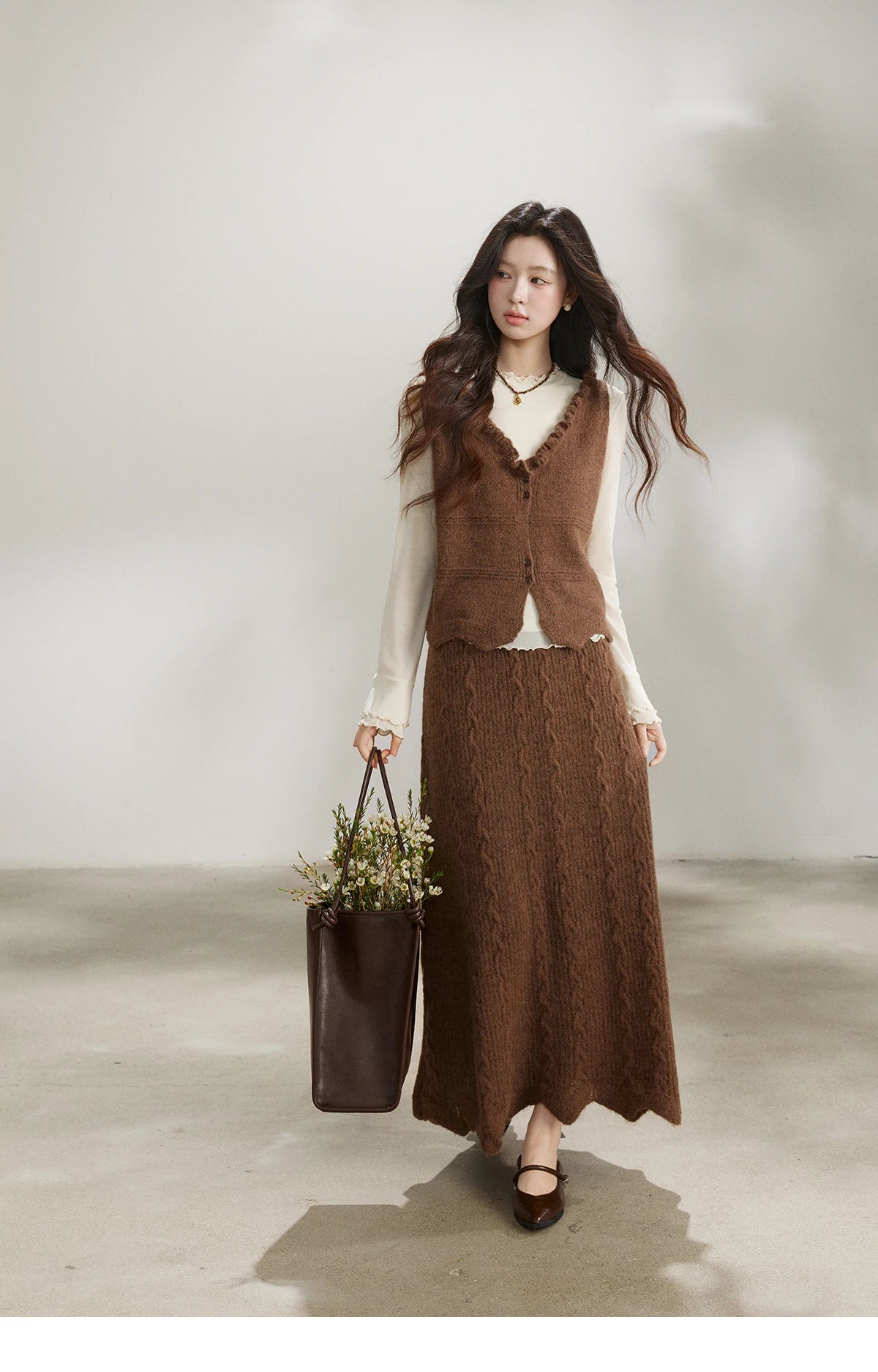 Mishow Brown Knitted Vest & Cable Knit Maxi Skirt Set MXF11T1460